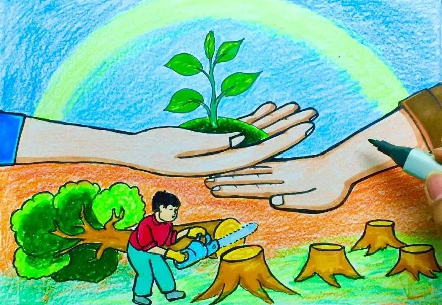 Vẽ tranh bảo vệ môi trường bằng giấy a3 với thông điệp bảo vệ cây xanh