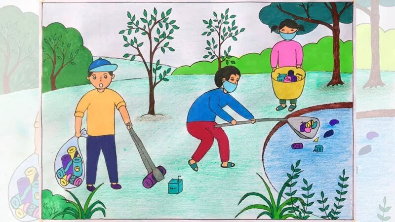 Tranh vẽ bảo vệ môi trường với hoạt động thu gom rác
