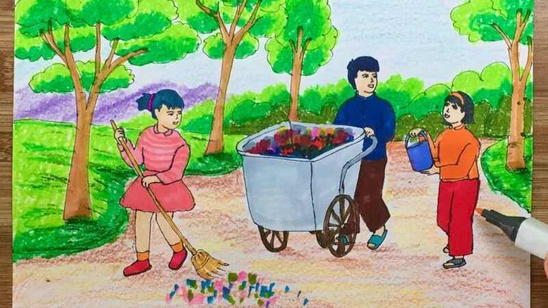Tranh vẽ bảo vệ môi trường thu dọn vệ sinh
