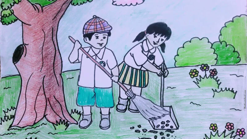 Tranh vẽ bảo vệ môi trường bằng hoạt động quét dọn vệ sinh