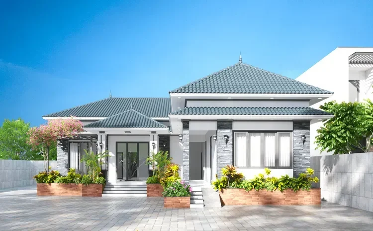 Mẫu nhà cấp 4 mái Nhật mang phong cách hiện đại với phần sân trước rộng rãi, phù hợp với những gia đình có con nhỏ