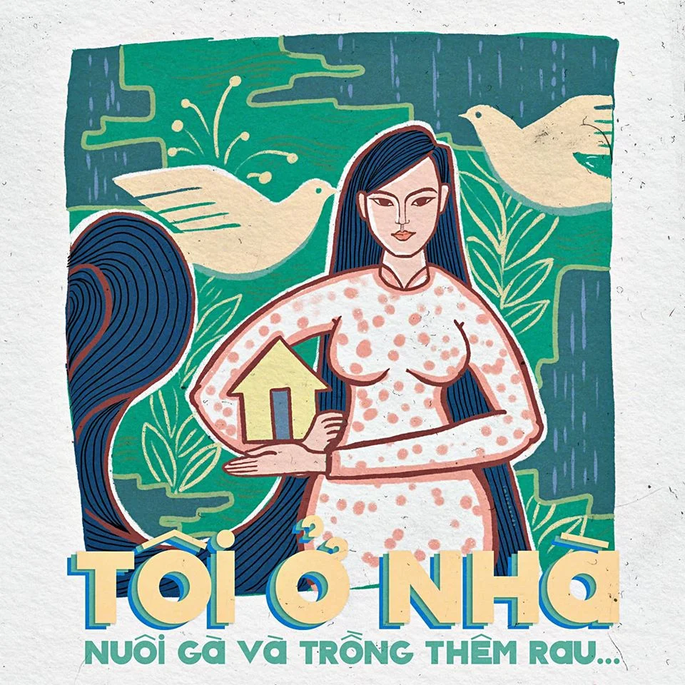Tranh áp phích cổ động với hình ảnh người phụ nữ và thông điệp ở nhà