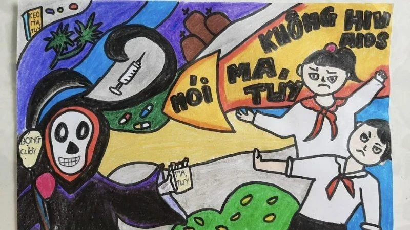 Tranh áp phích cổ động tuyên truyền phòng chống ma túy và HIV/AIDS do học sinh vẽ.