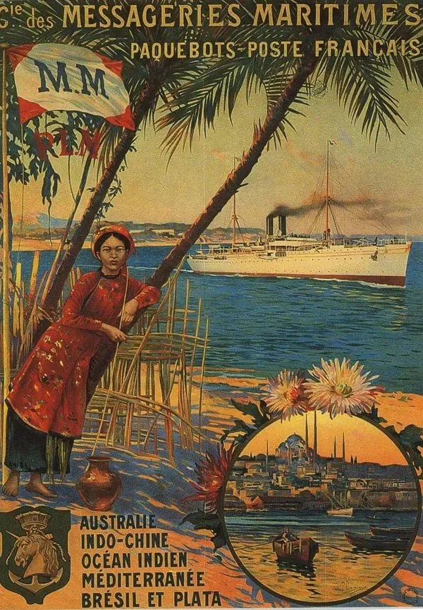 tranh áp phích cổ điển quảng cáo tàu biển Messageries Maritimes với hình ảnh người phụ nữ Việt Nam và phong cảnh du lịch