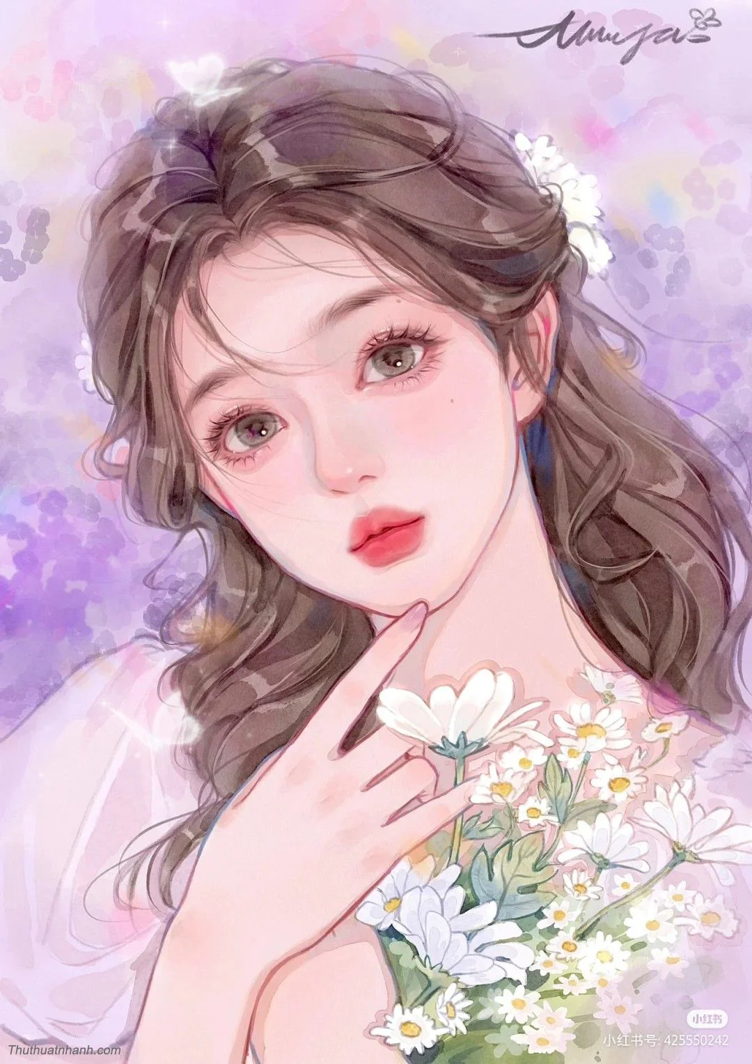 Ảnh avatar đẹp vẽ minh họa cô gái trẻ phong cách lãng mạn với hoa cúc