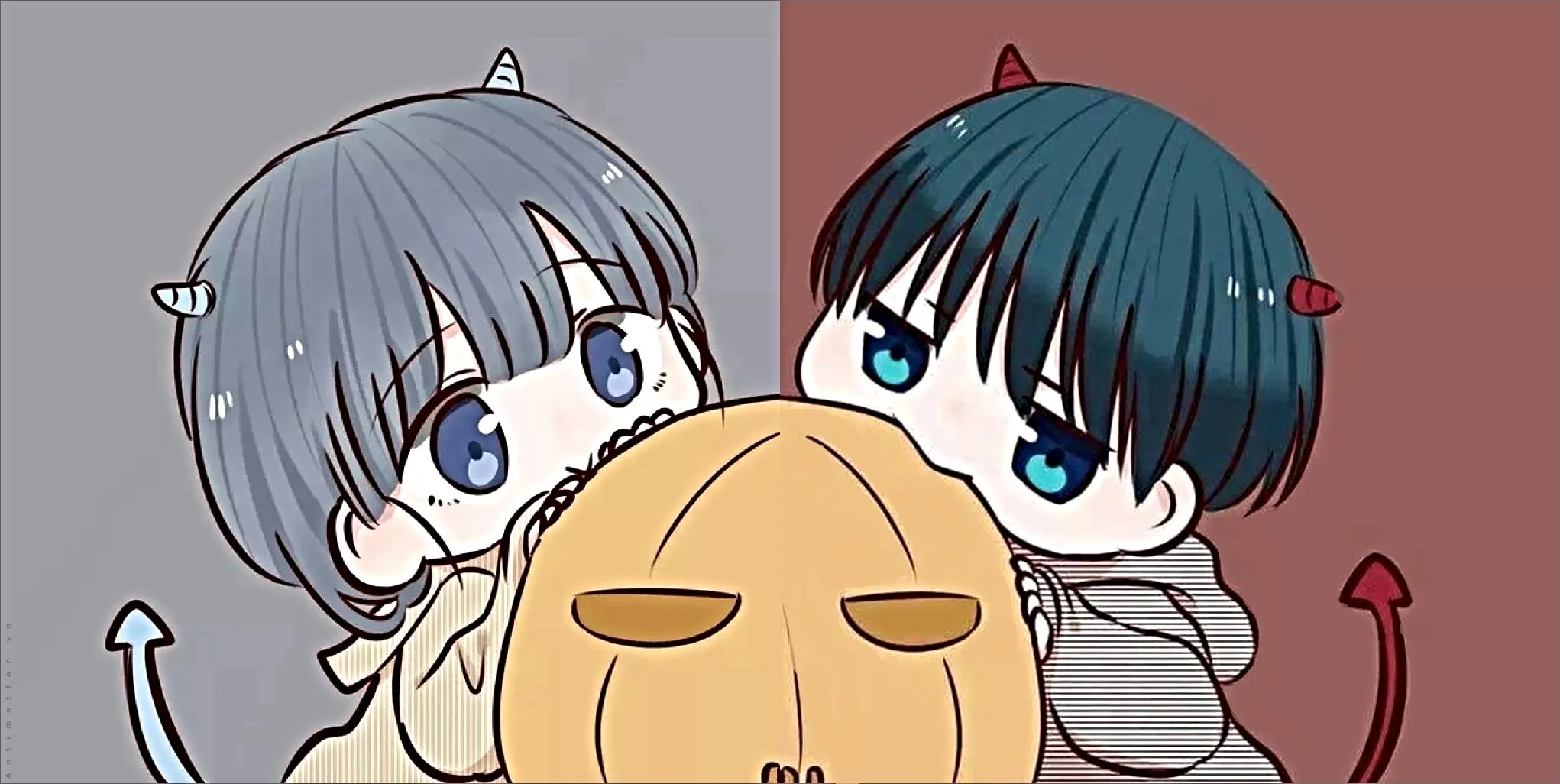Ảnh avatar đẹp hình chibi quỷ nhỏ dễ thương chia đôi màn hình