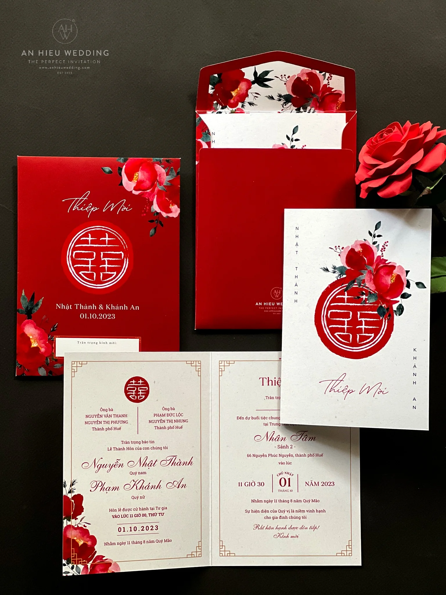Thiệp cưới hoa mẫu đơn màu nước tone màu đỏ | An Hieu Wedding