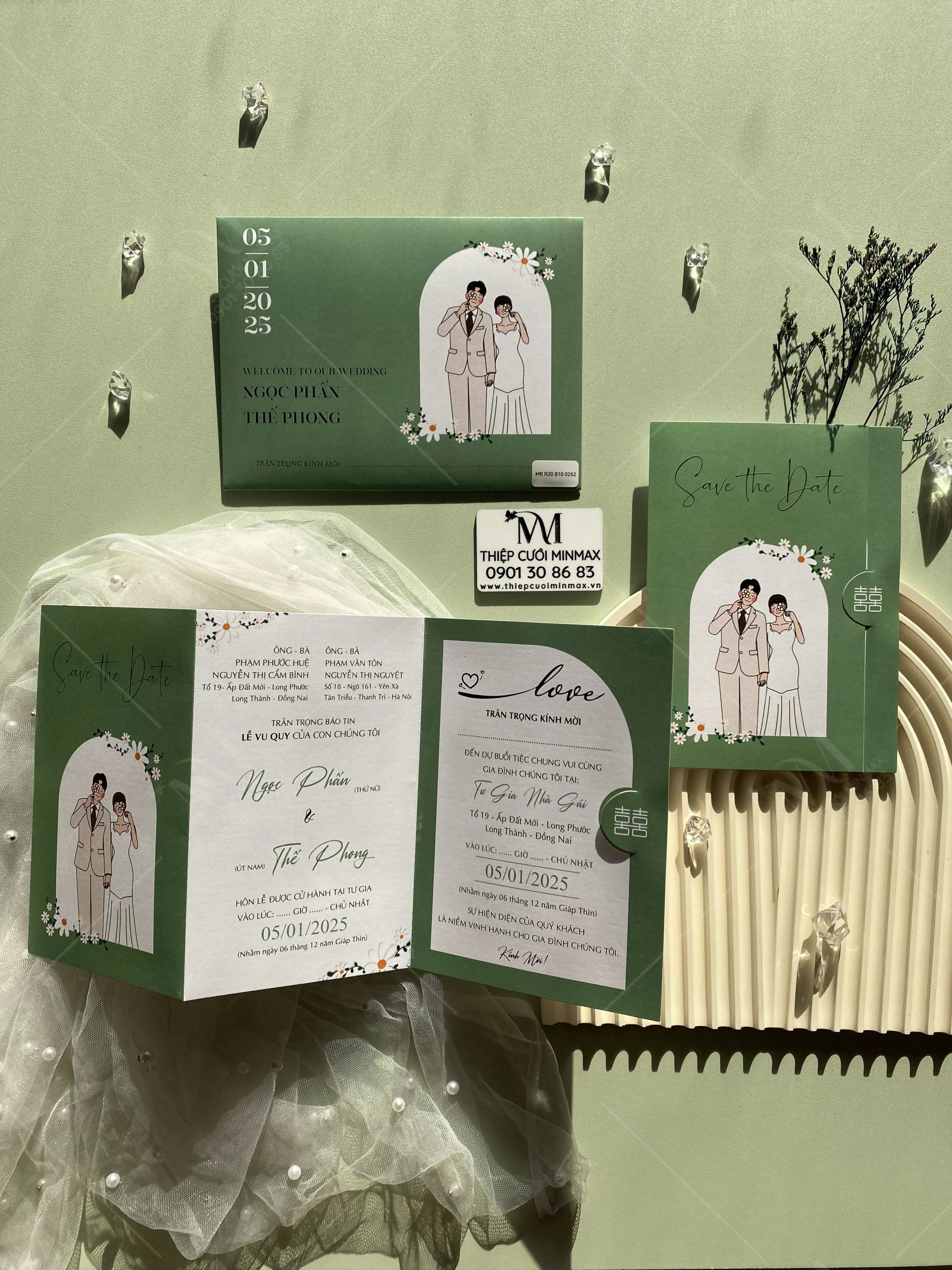 Mẫu thiệp cưới thiết kế hiện đại tông xanh lá đẹp mắt
