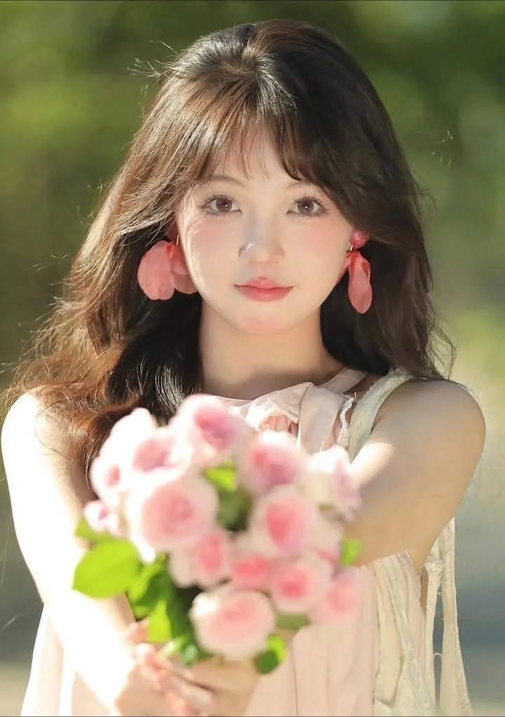 hình ảnh gái xinh cầm bó hoa hồng ngọt ngào